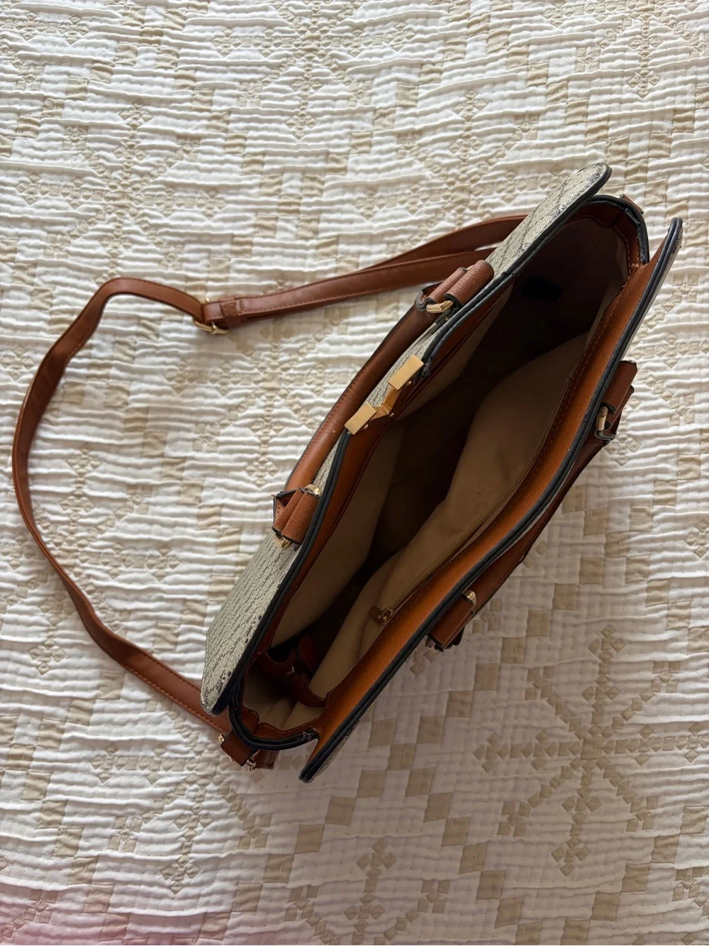 Classic Monogram Satchel Handbag with Gold V Accent